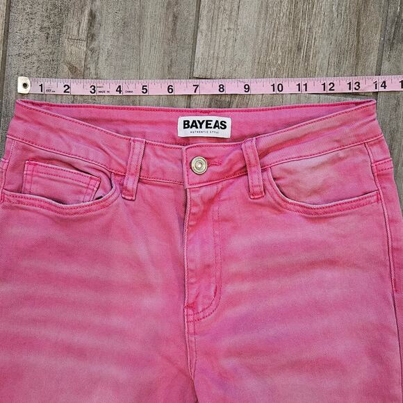 Bayeas High Rise Vintage Crop Flare Jeans Women’s 28 Pink Raw Hem Denim Retro - Picture 5 of 14